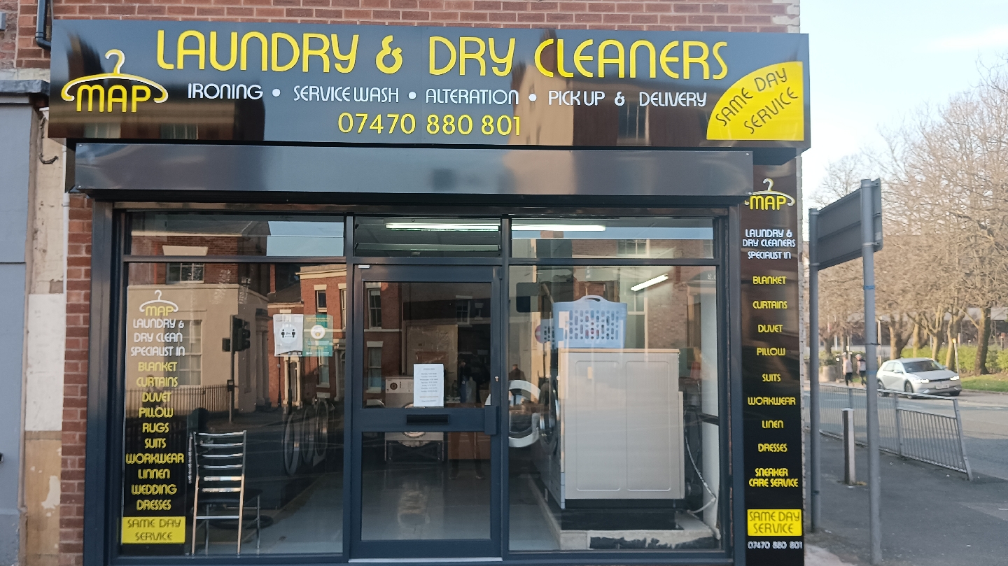 MAP Laundry & Dry Cleaners shopfront on Fishergate Hill, Preston